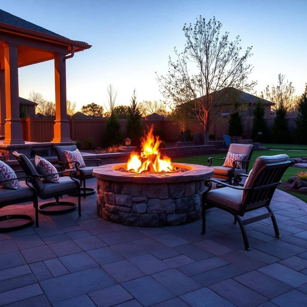 Stone fire feature set into a finished outdoor living area at dusk